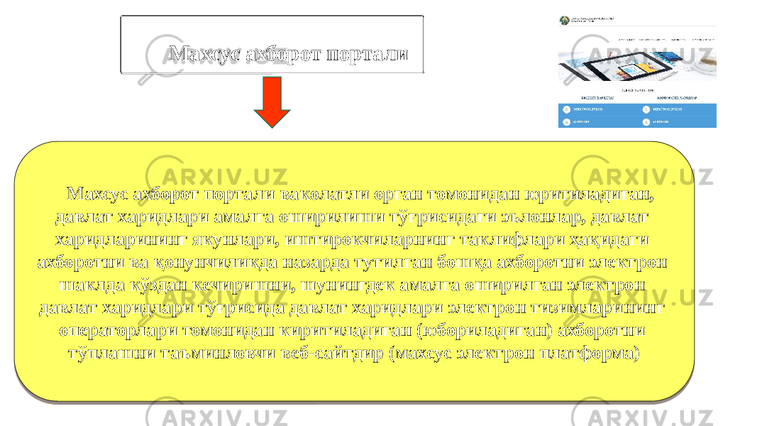 Махсус ахборот портали Махсус ахборот портали ваколатли орган томонидан юритиладиган, давлат харидлари амалга оширилиши тўғрисидаги эълонлар, давлат харидларининг якунлари, иштирокчиларнинг таклифлари ҳақидаги ахборотни ва қонунчиликда назарда тутилган бошқа ахборотни электрон шаклда кўздан кечиришни, шунингдек амалга оширилган электрон давлат харидлари тўғрисида давлат харидлари электрон тизимларининг операторлари томонидан киритиладиган (юбориладиган) ахборотни тўплашни таъминловчи веб-сайтдир (махсус электрон платформа)10 1A 17 1317 25 1A 1F2F 16332F 