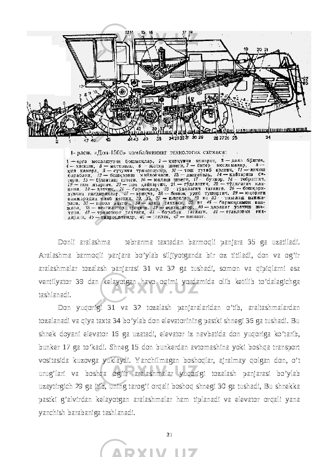 Donli aralashma tebranma taxtadan barmoqli panjara 35 ga uzatiladi. Aralashma barmoqli panjara bo’ylab siljiyotganda bir oz titiladi, don va og’ir aralashmalar tozalash panjarasi 31 va 32 ga tushadi, somon va qipiqlarni esa ventilyator 39 dan kelayotgan havo oqimi yordamida olib ketilib to’dalagichga tashlanadi. Don yuqorigi 31 va 32 tozalash panjaralaridan o’tib, araltashmalardan tozalanadi va qiya taxta 34 bo’ylab don elevatorining pastki shnegi 36 ga tushadi. Bu shnek doyani elevator 16 ga uzatadi, elevator iz navbatida don yuqoriga ko’tarib, bunker 17 ga to’kadi. Shneg 15 don bunkerdan avtomashina yoki boshqa transport vositasida kuzovga yuklaydi. Yanchilmagan boshoqlar, ajralmay qolgan don, o’t urug’lari va boshqa og’ir aralashmalar yuqorigi tozalash panjarasi bo’ylab uzaytirgich 29 ga itib, uning tarog’i orqali boshoq shnegi 30 ga tushadi, Bu shnekka pastki g’alvirdan kelayotgan aralashmalar ham tiplanadi va elevator orqali yana yanchish barabaniga tashlanadi. 31 