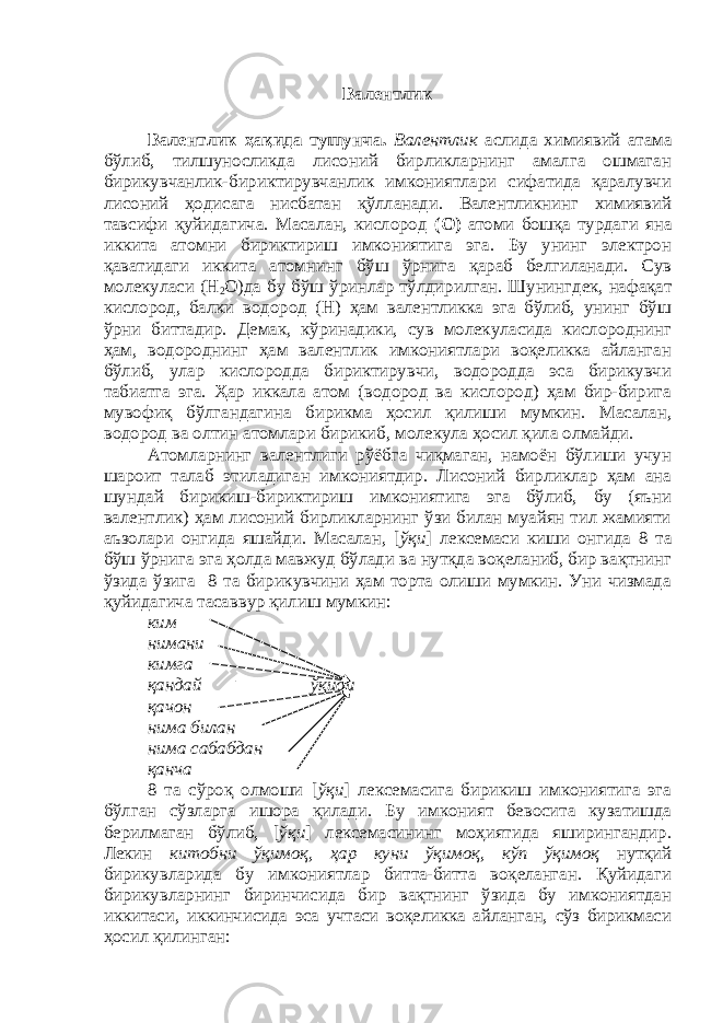 Валентлик Валентлик ҳақида тушунча. Валентлик аслида химиявий атама бўлиб, тилшуносликда лисоний бирликларнинг амалга ошмаган бирикувчанлик-бириктирувчанлик имкониятлари сифатида қаралувчи лисоний ҳодисага нисбатан қўлланади. Валентликнинг химиявий тавсифи қуйидагича. Масалан, кислород (О) атоми бошқа турдаги яна иккита атомни бириктириш имкониятига эга. Бу унинг электрон қаватидаги иккита атомнинг бўш ўрнига қараб белгиланади. Сув молекуласи (Н 2 О)да бу бўш ўринлар тўлдирилган. Шунингдек, нафақат кислород, балки водород (Н) ҳам валентликка эга бўлиб, унинг бўш ўрни биттадир. Демак, кўринадики, сув молекуласида кислороднинг ҳам, водороднинг ҳам валентлик имкониятлари воқеликка айланган бўлиб, улар кислородда бириктирувчи, водородда эса бирикувчи табиатга эга. Ҳар иккала атом (водород ва кислород) ҳам бир-бирига мувофиқ бўлгандагина бирикма ҳосил қилиши мумкин. Масалан, водород ва олтин атомлари бирикиб, молекула ҳосил қила олмайди. Атомларнинг валентлиги рўёбга чиқмаган, намоён бўлиши учун шароит талаб этиладиган имкониятдир. Лисоний бирликлар ҳам ана шундай бирикиш-бириктириш имкониятига эга бўлиб, бу (яъни валентлик) ҳам лисоний бирликларнинг ўзи билан муайян тил жамияти аъзолари онгида яшайди. Масалан, [ ўқи ] лексемаси киши онгида 8 та бўш ўрнига эга ҳолда мавжуд бўлади ва нутқда воқеланиб, бир вақтнинг ўзида ўзига 8 та бирикувчини ҳам торта олиши мумкин. Уни чизмада қуйидагича тасаввур қилиш мумкин: ким нимани кимга қандай ўқиди қачон нима билан нима сабабдан қанча 8 та сўроқ олмоши [ ўқи ] лексемасига бирикиш имкониятига эга бўлган сўзларга ишора қилади. Бу имконият бевосита кузатишда берилмаган бўлиб, [ ўқи ] лексемасининг моҳиятида яширингандир. Лекин китобни ўқимоқ , ҳар куни ўқимоқ , кўп ўқимоқ нутқий бирикувларида бу имкониятлар битта-битта воқеланган. Қуйидаги бирикувларнинг биринчисида бир вақтнинг ўзида бу имкониятдан иккитаси, иккинчисида эса учтаси воқеликка айланган, сўз бирикмаси ҳосил қилинган: 