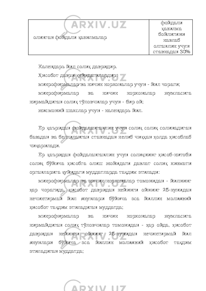 олинган фойдали қ азилмалар фойдали қ азилма бойлигини кавлаб олганлик учун ставкадан 30% Календарь йил соли қ давридир. Ҳ исобот даври қ уйидагилардир: микрофирмалар ва кичик корхоналар учун - йил чораги; микрофирмалар ва кичик корхоналар жумласига кирмайдиган соли қ тўловчилар учун - бир ой; жисмоний шахслар учун - календарь йил. Ер қ аъридан фойдаланганлик учун соли қ соли қ солинадиган базадан ва белгиланган ставкадан келиб чи ққ ан ҳ олда ҳ исоблаб чи қ арилади. Ер қ аъридан фойдаланганлик учун соли қ нинг ҳ исоб-китоби соли қ бўйича ҳ исобга олиш жойидаги давлат соли қ хизмати органларига қ уйидаги муддатларда та қ дим этилади: микрофирмалар ва кичик корхоналар томонидан - йилнинг ҳ ар чорагида, ҳ исобот давридан кейинги ойнинг 25-кунидан кечиктирмай йил якунлари бўйича эса йиллик молиявий ҳ исобот та қ дим этиладиган муддатда; микрофирмалар ва кичик корхоналар жумласига кирмайдиган соли қ тўловчилар томонидан - ҳ ар ойда, ҳ исобот давридан кейинги ойнинг 25-кунидан кечиктирмай йил якунлари бўйича эса йиллик молиявий ҳ исобот та қ дим этиладиган муддатда; 