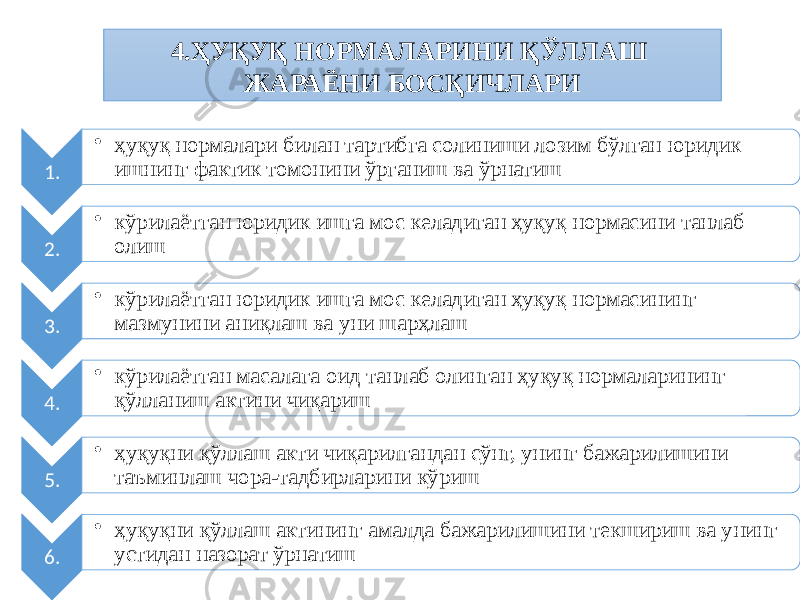 4.ҲУҚУҚ НОРМАЛАРИНИ ҚЎЛЛАШ ЖАРАЁНИ БОСҚИЧЛАРИ 1. • ҳуқуқ нормалари билан тартибга солиниши лозим бўлган юридик ишнинг фактик томонини ўрганиш ва ўрнатиш 2. • кўрилаётган юридик ишга мос келадиган ҳуқуқ нормасини танлаб олиш 3. • кўрилаётган юридик ишга мос келадиган ҳуқуқ нормасининг мазмунини аниқлаш ва уни шарҳлаш 4. • кўрилаётган масалага оид танлаб олинган ҳуқуқ нормаларининг қўлланиш актини чиқариш 5. • ҳуқуқни қўллаш акти чиқарилгандан сўнг, унинг бажарилишини таъминлаш чора-тадбирларини кўриш 6. • ҳуқуқни қўллаш актининг амалда бажарилишини текшириш ва унинг устидан назорат ўрнатиш 