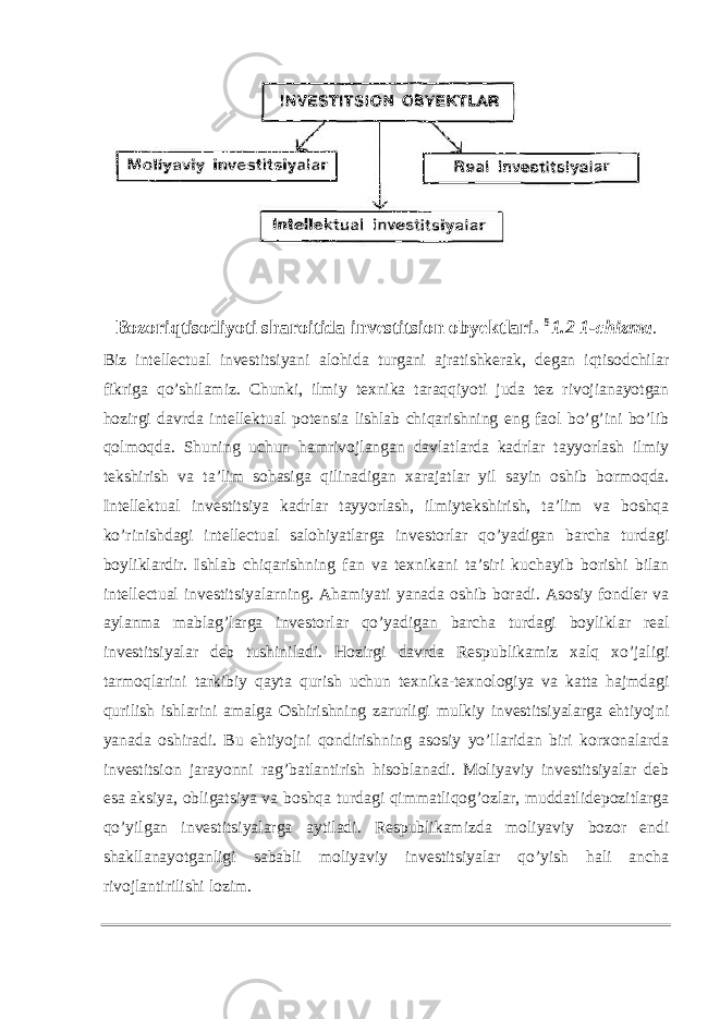 Bozoriqtisodiyoti sharoitida investitsion obyektlari. 5 1.2 1-chizma . Biz intellectual investitsiyani alohida turgani ajratishkerak, degan iqtisodchilar fikriga qo’shilamiz. Chunki, ilmiy texnika taraqqiyoti juda tez rivojianayotgan hozirgi davrda intellektual potensia lishlab chiqarishning eng faol bo’g’ini bo’lib qolmoqda. Shuning uchun hamrivojlangan davlatlarda kadrlar tayyorlash ilmiy tekshirish va ta’lim sohasiga qilinadigan xarajatlar yil sayin oshib bormoqda. Intellektual investitsiya kadrlar tayyorlash, ilmiytekshirish, ta’lim va boshqa ko’rinishdagi intellectual salohiyatlarga investorlar qo’yadigan barcha turdagi boyliklardir. Ishlab chiqarishning fan va texnikani ta’siri kuchayib borishi bilan intellectual investitsiyalarning. Ahamiyati yanada oshib boradi. Asosiy fondler va aylanma mablag’larga investorlar qo’yadigan barcha turdagi boyliklar real investitsiyalar deb tushiniladi. Hozirgi davrda R espublikamiz xalq xo’jaligi tarmoqlarini tarkibiy qayta qurish uchun texnika-texnologiya va katta hajmdagi qurilish ishlarini amalga Oshirishning zarurligi mulkiy investitsiyalarga ehtiyojni yanada oshiradi. Bu ehtiyojni qondirishning asosiy yo’llaridan biri korxonalarda investitsion jarayonni rag’batlantirish hisoblanadi. Moliyaviy investitsiyalar deb esa aksiya, obligatsiya va boshqa turdagi qimmatliqog’ozlar, muddatlidepozitlarga qo’yilgan investitsiyalarga aytiladi. Respublikamizda moliyaviy bozor endi shakllanayotganligi sababli moliyaviy investitsiyalar qo’yish hali ancha rivojlantirilishi lozim. 