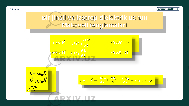 www.umft.uz Bir jinsli va izotrop dielektrik uchun Maksvell tenglamalari = - div =0 = div =0  = = j=γE   div = + + = ω(x,y,z) 32 070F 210D 14 2132 210D 14 2132 22 04 04 01 22 0607 22 