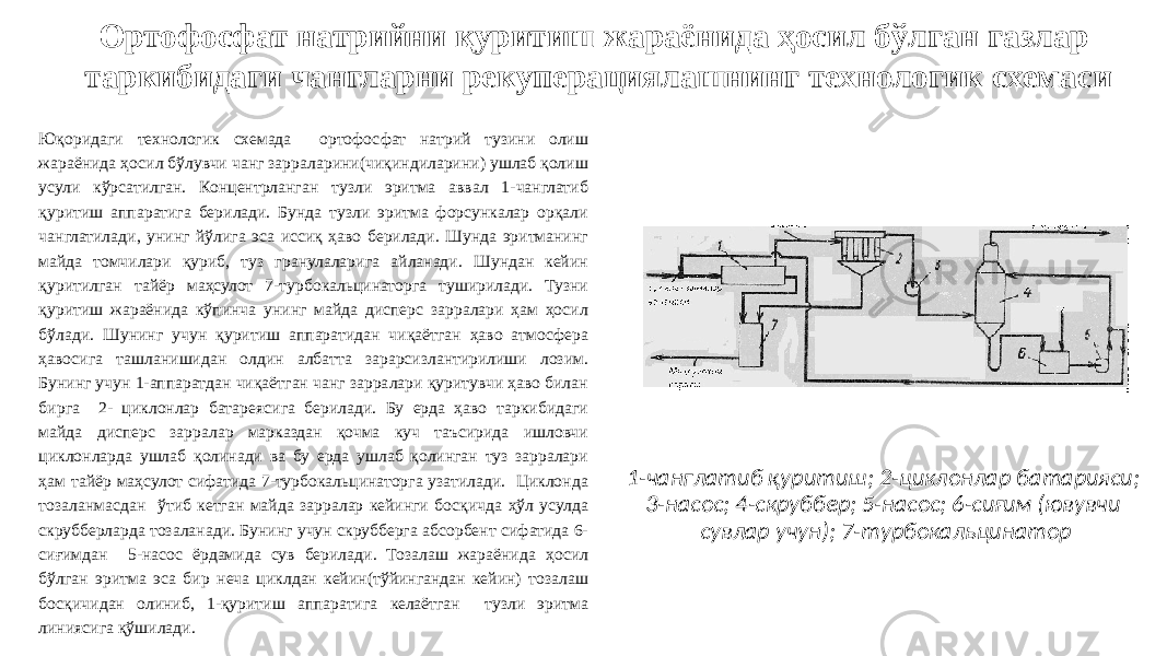 Ортофосфат натрийни қуритиш жараёнида ҳосил бўлган газлар таркибидаги чангларни рекуперациялашнинг технологик схемаси Юқоридаги технологик схемада ортофосфат натрий тузини олиш жараёнида ҳосил бўлувчи чанг зарраларини(чиқиндиларини) ушлаб қолиш усули кўрсатилган. Концентрланган тузли эритма аввал 1-чанглатиб қуритиш аппаратига берилади. Бунда тузли эритма форсункалар орқали чанглатилади, унинг йўлига эса иссиқ ҳаво берилади. Шунда эритманинг майда томчилари қуриб, туз гранулаларига айланади. Шундан кейин қуритилган тайёр маҳсулот 7-турбокальцинаторга туширилади. Тузни қуритиш жараёнида кўпинча унинг майда дисперс зарралари ҳам ҳосил бўлади. Шунинг учун қуритиш аппаратидан чиқаётган ҳаво атмосфера ҳавосига ташланишидан олдин албатта зарарсизлантирилиши лозим. Бунинг учун 1-аппаратдан чиқаётган чанг зарралари қуритувчи ҳаво билан бирга 2- циклонлар батареясига берилади. Бу ерда ҳаво таркибидаги майда дисперс зарралар марказдан қочма куч таъсирида ишловчи циклонларда ушлаб қолинади ва бу ерда ушлаб қолинган туз зарралари ҳам тайёр маҳсулот сифатида 7-турбокальцинаторга узатилади. Циклонда тозаланмасдан ўтиб кетган майда зарралар кейинги босқичда ҳўл усулда скрубберларда тозаланади. Бунинг учун скрубберга абсорбент сифатида 6- сиғимдан 5-насос ёрдамида сув берилади. Тозалаш жараёнида ҳосил бўлган эритма эса бир неча циклдан кейин(тўйингандан кейин) тозалаш босқичидан олиниб, 1-қуритиш аппаратига келаётган тузли эритма линиясига қўшилади. 1-чанглатиб қуритиш; 2-циклонлар батарияси; 3-насос; 4-скруббер; 5-насос; 6-сиғим (ювувчи сувлар учун); 7-турбокальцинатор 