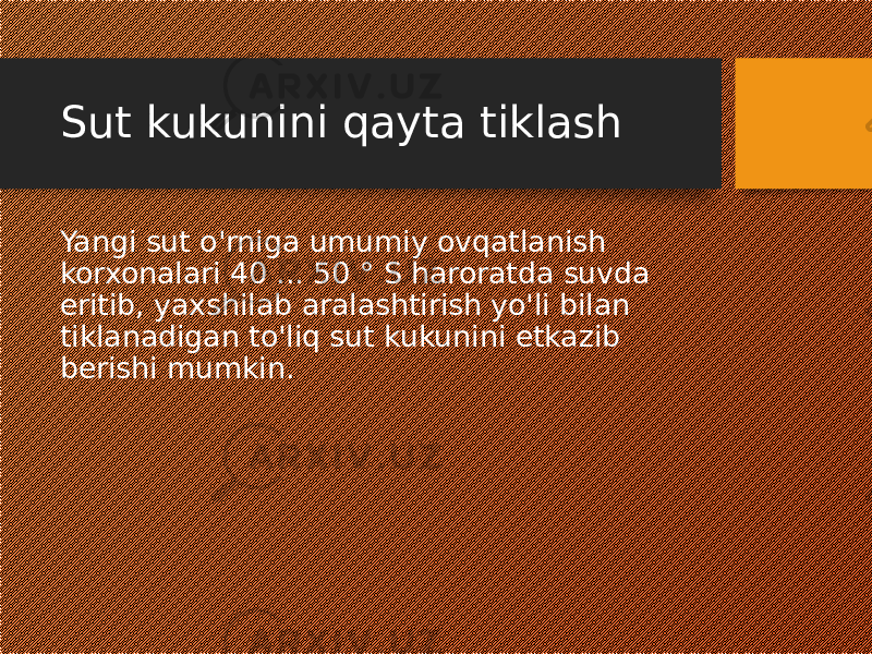 Sut kukunini qayta tiklash Yangi sut o&#39;rniga umumiy ovqatlanish korxonalari 40 ... 50 ° S haroratda suvda eritib, yaxshilab aralashtirish yo&#39;li bilan tiklanadigan to&#39;liq sut kukunini etkazib berishi mumkin. 