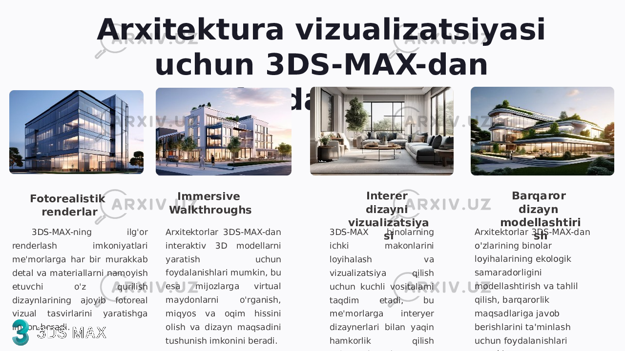 Arxitektura vizualizatsiyasi uchun 3DS-MAX-dan foydalanish Fotorealistik renderlar 3DS-MAX-ning ilg&#39;or renderlash imkoniyatlari me&#39;morlarga har bir murakkab detal va materiallarni namoyish etuvchi o&#39;z qurilish dizaynlarining ajoyib fotoreal vizual tasvirlarini yaratishga imkon beradi. Immersive Walkthroughs Arxitektorlar 3DS-MAX-dan interaktiv 3D modellarni yaratish uchun foydalanishlari mumkin, bu esa mijozlarga virtual maydonlarni o&#39;rganish, miqyos va oqim hissini olish va dizayn maqsadini tushunish imkonini beradi. Interer dizayni vizualizatsiya si3DS-MAX binolarning ichki makonlarini loyihalash va vizualizatsiya qilish uchun kuchli vositalarni taqdim etadi, bu me&#39;morlarga interyer dizaynerlari bilan yaqin hamkorlik qilish imkonini beradi. Barqaror dizayn modellashtiri shArxitektorlar 3DS-MAX-dan o&#39;zlarining binolar loyihalarining ekologik samaradorligini modellashtirish va tahlil qilish, barqarorlik maqsadlariga javob berishlarini ta&#39;minlash uchun foydalanishlari mumkin. 