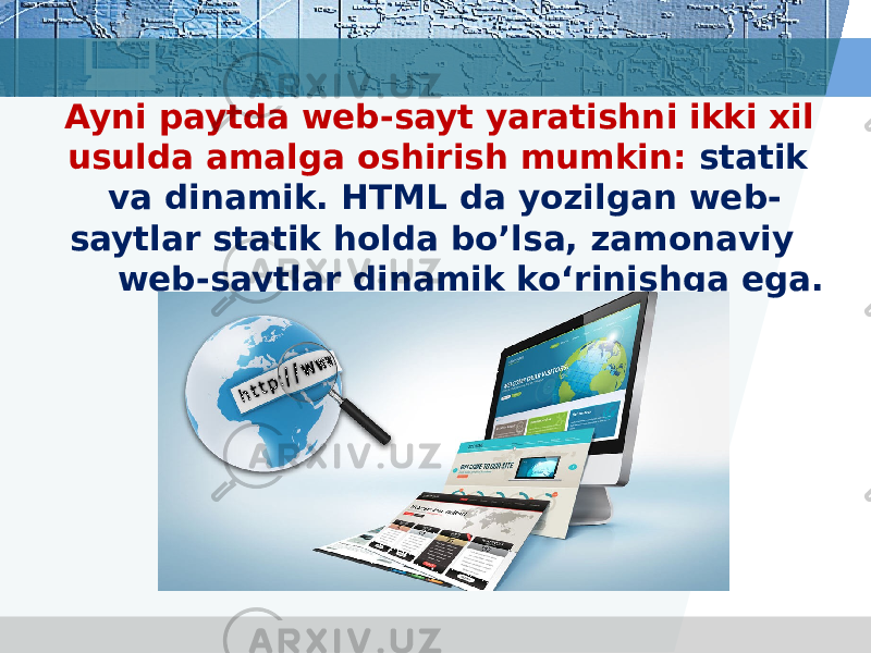 Web sahifalar orasida aloqalarni o rnatish imkoniyatlari. Web sahifa web sayt va web dizayn tushunchalari. Web dizayn haqida tushuncha. Web dasturlar. Web saytlar.