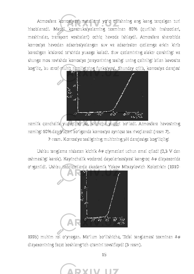 Atmosfera korroziyasi metallarni yoʻq qilishning eng keng tarqalgan turi hisoblanadi. Metall konstruksiyalarning taxminan 80% (qurilish inshootlari, mashinalar, transport vositalari) ochiq havoda ishlaydi. Atmosfera sharoitida korroziya havodan adsorbsiyalangan suv va adsorbsion qatlamga erkin kirib boradigan kislorod taʻsirida yuzaga keladi. Suv qatlamining elektr qarshiligi va shunga mos ravishda korroziya jarayonining tezligi uning qalinligi bilan bevosita bogʻliq, bu atrof-muhit namligining funksiyasi. Shunday qilib, korroziya darajasi namlik qanchalik yuqori boʻlsa, shuncha yuqori boʻladi. Atmosfera havosining namligi 60% dan yuqori boʻlganda korroziya ayniqsa tez rivojlanadi (rasm 2). 2-rasm.   Korroziya tezligining muhitning pH darajasiga bogʻliqligi Ushbu tenglama nisbatan kichik ∆ φ qiymatlari uchun amal qiladi (0,3 V dan oshmasligi kerak). Keyinchalik vodorod depolarizasiyasi kengroq ∆ φ diapazonida oʻrganildi. Ushbu tadqiqotlarda akademik Yakov Mixaylovich Kolotirkin (1910- 1995) muhim rol oʻynagan. Maʻlum boʻlishicha, Tafel tenglamasi taxminan ∆ φ diapazonining faqat boshlangʻich qismini tavsiflaydi (3-rasm). 15 