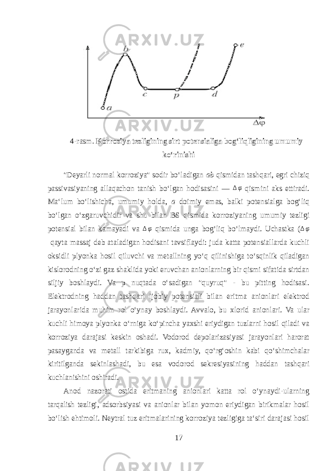 4-rasm .   Korroziya tezligining sirt potensialiga bogʻliqligining umumiy koʻrinishi &#34;Deyarli normal korroziya&#34; sodir boʻladigan ab qismidan tashqari, egri chiziq passivasiyaning allaqachon tanish boʻlgan hodisasini — ∆ φ qismini aks ettiradi. Maʻlum boʻlishicha, umumiy holda, a doimiy emas, balki potensialga bogʻliq boʻlgan oʻzgaruvchidir va shu bilan BS qismida korroziyaning umumiy tezligi potensial bilan kamayadi va ∆ φ qismida unga bogʻliq boʻlmaydi. Uchastka ( ∆ φ qayta massaj deb ataladigan hodisani tavsiflaydi: juda katta potensiallarda kuchli oksidli plyonka hosil qiluvchi va metallning yoʻq qilinishiga toʻsqinlik qiladigan kislorodning oʻzi gaz shaklida yoki eruvchan anionlarning bir qismi sifatida sirtdan siljiy boshlaydi. Va p nuqtada oʻsadigan &#34;quyruq&#34; - bu pitting hodisasi. Elektrodning haddan tashqari ijobiy potensiali bilan eritma anionlari elektrod jarayonlarida muhim rol oʻynay boshlaydi. Avvalo, bu xlorid anionlari. Va ular kuchli himoya plyonka oʻrniga koʻpincha yaxshi eriydigan tuzlarni hosil qiladi va korroziya darajasi keskin oshadi. Vodorod depolarizasiyasi jarayonlari harorat pasayganda va metall tarkibiga rux, kadmiy, qoʻrgʻoshin kabi qoʻshimchalar kiritilganda sekinlashadi, bu esa vodorod sekresiyasining haddan tashqari kuchlanishini oshiradi. Anod nazorati ostida eritmaning anionlari katta rol oʻynaydi-ularning tarqalish tezligi, adsorbsiyasi va anionlar bilan yomon eriydigan birikmalar hosil boʻlish ehtimoli. Neytral tuz eritmalarining korroziya tezligiga taʻsiri darajasi hosil 17 