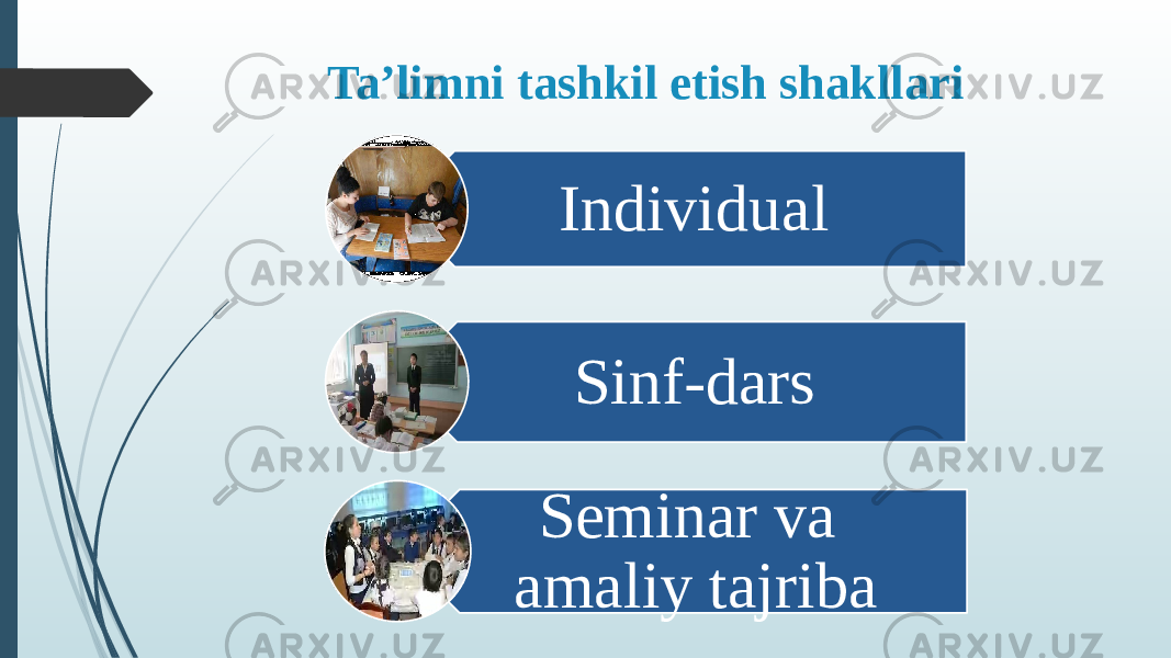 Ta’limni tashkil etish shakllari Individual Sinf-dars Seminar va amaliy tajriba 