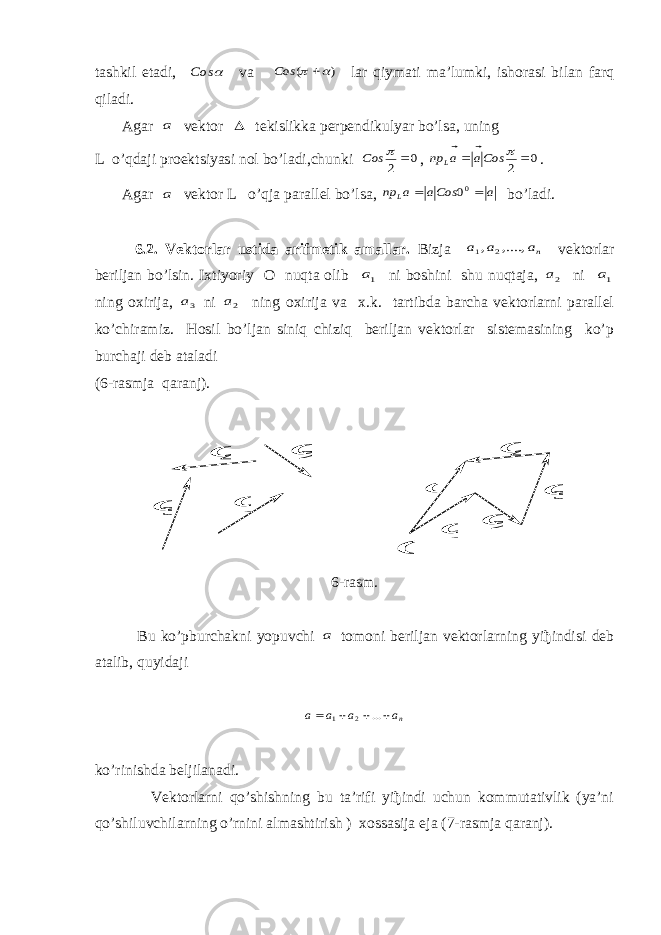 tashkil etadi,  Cos va ) (    Cos lar qiymati ma’lumki, ishorasi bilan farq qiladi. Agar а vektor  tekislikka perpendikulyar bo’lsa, uning L o’qdaji proektsiyasi nol bo’ladi,chunki 0 2   Cos , 0 2    Cosa a np L   . Agar а vektor L o’qja parallel bo’lsa, a Cosa a np L      00 bo’ladi. 6.2. Vektorlar ustida arifmetik amallar. Bizja па а а    ,...., , 2 1 vektorlar beriljan bo’lsin. I х tiyoriy O nuqta olib 1а ni boshini shu nuqtaja, 2а ni 1а ning o х irija, 3а ni 2а ning o х irija va х .k. tartibda barcha vektorlarni parallel ko’chiramiz. Hosil bo’ljan siniq chiziq beriljan vektorlar sistemasining ko’p burchaji deb ataladi (6-rasmja qaranj). 4 а  3 а  1а  2 а  1а  2 а  4 а  3 а  а  О 6-rasm. Bu ko’pburchakni yopuvchi а tomoni beriljan vektorlarning yiђindisi deb atalib, quyidaji па а а а         ... 2 1 ko’rinishda beljilanadi. Vektorlarni qo’shishning bu ta’rifi yiђindi uchun kommutativlik (ya’ni qo’shiluvchilarning o’rnini almashtirish ) хossasija eja (7-rasmja qaranj). 