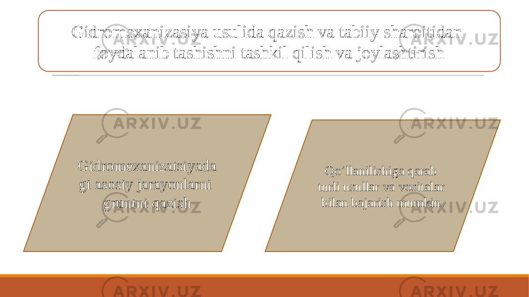 Gidromexanizasiya usulida qazish va tabiiy sharoitidan foydalanib tashishni tashkil qilish va joylashtirish Gidromexanizatsiyada gi asosiy jarayonlarni gruntni qazish Qo‘llanilishiga qarab turli usullar va vositalar bilan bajarish mumkin. 