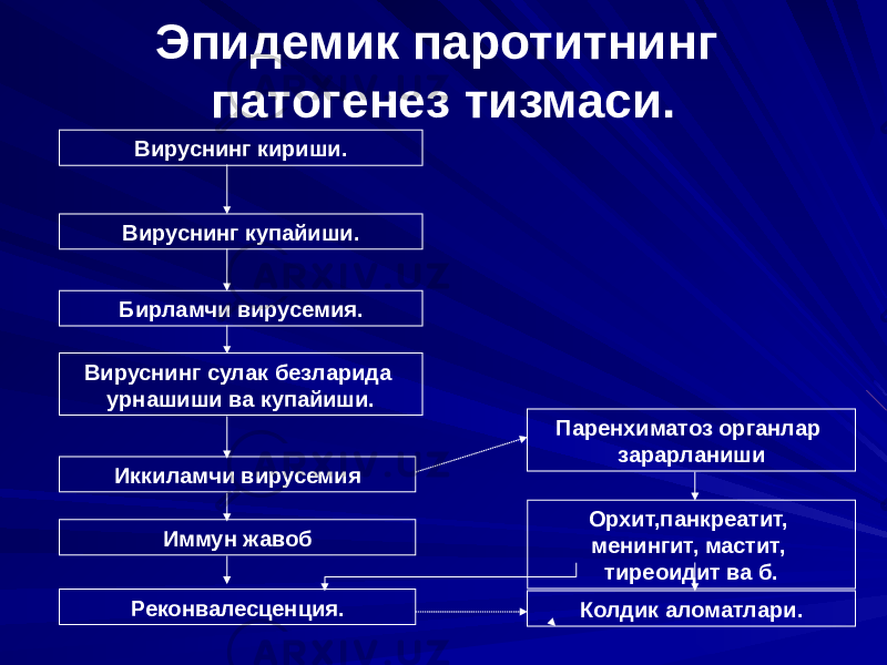 Эпидемик паротитнинг патогенез тизмаси. Колдик аломатлари.Вируснинг кириши. Вируснинг купайиши. Бирламчи вирусемия. Вируснинг сулак безларида урнашиши ва купайиши. Иккиламчи вирусемия Иммун жавоб Реконвалесценция. Паренхиматоз органлар зарарланиши Орхит,панкреатит, менингит, мастит, тиреоидит ва б. 