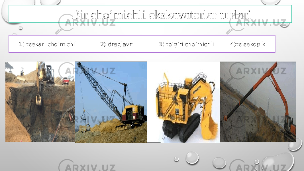 Bir cho’michli ekskavatorlar turlari 1) teskari cho’michli 2) draglayn 3) to’g’ri cho’michli 4)teleskopik 