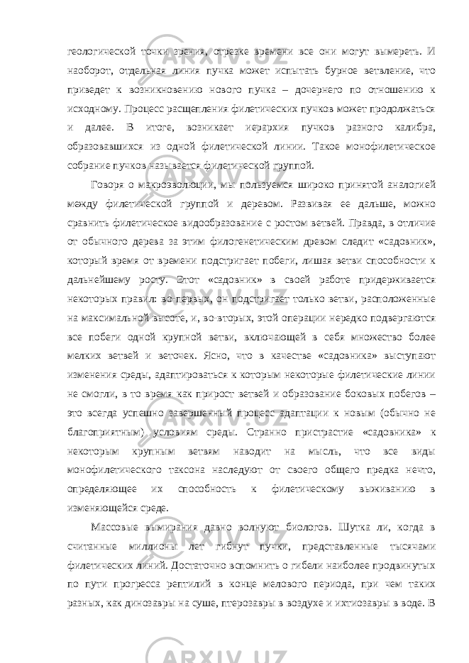 геологической точки зрения, отрезке времени все они могут вымереть. И наоборот, отдельная линия пучка может испытать бурное ветвление, что приведет к возникновению нового пучка – дочернего по отношению к исходному. Процесс расщепления филетических пучков может продолжаться и далее. В итоге, возникает иерархия пучков разного калибра, образовавшихся из одной филетической линии. Такое монофилетическое собрание пучков называется филетической группой. Говоря о макроэволюции, мы пользуемся широко принятой аналогией между филетической группой и деревом. Развивая ее дальше, можно сравнить филетическое видообразование с ростом ветвей. Правда, в отличие от обычного дерева за этим филогенетическим древом следит «садовник», который время от времени подстригает побеги, лишая ветви способности к дальнейшему росту. Этот «садовник» в своей работе придерживается некоторых правил: во-первых, он подстригает только ветви, расположенные на максимальной высоте, и, во-вторых, этой операции нередко подвергаются все побеги одной крупной ветви, включающей в себя множество более мелких ветвей и веточек. Ясно, что в качестве «садовника» выступают изменения среды, адаптироваться к которым некоторые филетические линии не смогли, в то время как прирост ветвей и образование боковых побегов – это всегда успешно завершенный процесс адаптации к новым (обычно не благоприятным) условиям среды. Странно пристрастие «садовника» к некоторым крупным ветвям наводит на мысль, что все виды монофилетического таксона наследуют от своего общего предка нечто, определяющее их способность к филетическому выживанию в изменяющейся среде. Массовые вымирания давно волнуют биологов. Шутка ли, когда в считанные миллионы лет гибнут пучки, представленные тысячами филетических линий. Достаточно вспомнить о гибели наиболее продвинутых по пути прогресса рептилий в конце мелового периода, при чем таких разных, как динозавры на суше, птерозавры в воздухе и ихтиозавры в воде. В 