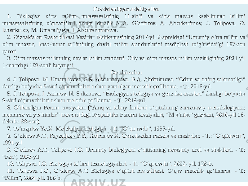 Mavzuning maqsadi: Talabalarga novda, novdaning ildizdan farqi, novdaning uchki kurtakdan shakllanganligi va poyada barglarning joylashishi haqida ma’lumot bеrish. Rеja: 1. Novda haqida umumiy tushuncha. 2. Kurtak. 3. Daraxt. 4. Butalar. 5. Butacha va chala butacha. Adabiyotlar: 2. 7. 8. 10. Tayanch iboralar : novda, mеtamеr, bo’g’imlar, kurtak, apikal, monopodial, simpodial, kurtak, kollatеral. Foydalanilgan adabiyotlar 1. Biologiya o‘rta ta’lim muassasalarinig 11-sinfi va o‘rta maxsus kasb-hunar ta’limi muassasalarining o‘quvchilari uchun darslik // A. G‘affurov, A. Abdukarimov, J. Tolipova, O. Ishankulov, M. Umaraliyeva, I. Abduraxmonova. 2. O‘zbekiston Respublikasi Vazirlar Mahkamasining 2017-yil 6-apreldagi “Umumiy o‘rta ta’lim va o‘rta maxsus, kasb-hunar ta’limining davlat ta’lim standartlarini tasdiqlash to‘g‘risida”gi 187-son qarori. 3. O‘rta maxsus ta’limning davlat ta’lim standarti. Oliy va o‘rta maxsus ta’lim vazirligining 2021 yil 1-martdagi 109-sonli buyrug‘i. Qo ‘ shimcha: 4. J. Tolipova, M. Umaraliyeva, S.R. Abdurizayeva, B.A. Abdraimova. “Odam va uning salomatligi” darsligi bo‘yicha 8-sinf o‘qituvchilari uchun yaratilgan metodik qo‘llanma. - Т., 2016-yil. 5. J. Tolipova, I. Azimov, N. Sultonova. “Biologiya sitologiya va genetika asoslari” darsligi bo‘yicha 9-sinf o‘qituvchilari uchun metodik qo‘llanma. - Т., 2016-yil. 6. O‘tkazilgan Forum tavsiyalari (“Aniq va tabiiy fanlarni o‘qitishning zamonaviy metodologiyasi: muammo va yechimlar” mavzusidagi Respublika Forumi tavsiyalari, “M a’rifat” gazetasi, 2016-yil 16- dekabr, 99-son). 7. To‘raqulov Yo.X. Molekulyar biologiya. - Т.: “O‘qituvchi”, 1993-yil. 8. G‘ofurov A.T., Fayzullaev S.S., Xolmatov X. Genetikadan masala va mashqlar. - Т.: “O‘qituvchi”, 1991-yil. 9. G‘ofurov A.Т., Tolipova J.O. Umumiy biologiyani o‘qitishning norasmiy usul va shakllari. - Т.: “Fan”, 1990-yil. 10. Tolipova J.O. Biologiya ta’limi texnologiyalari. - Т.: “O‘qituvchi”, 2002- yil. 128-b. 11. Tolipova J.O., G‘ofurov A.T. Biologiya o‘qitish metodikasi. O‘quv metodik qo‘llanma. - Т.: “Bilim”, 2004-yil. 160-b. 