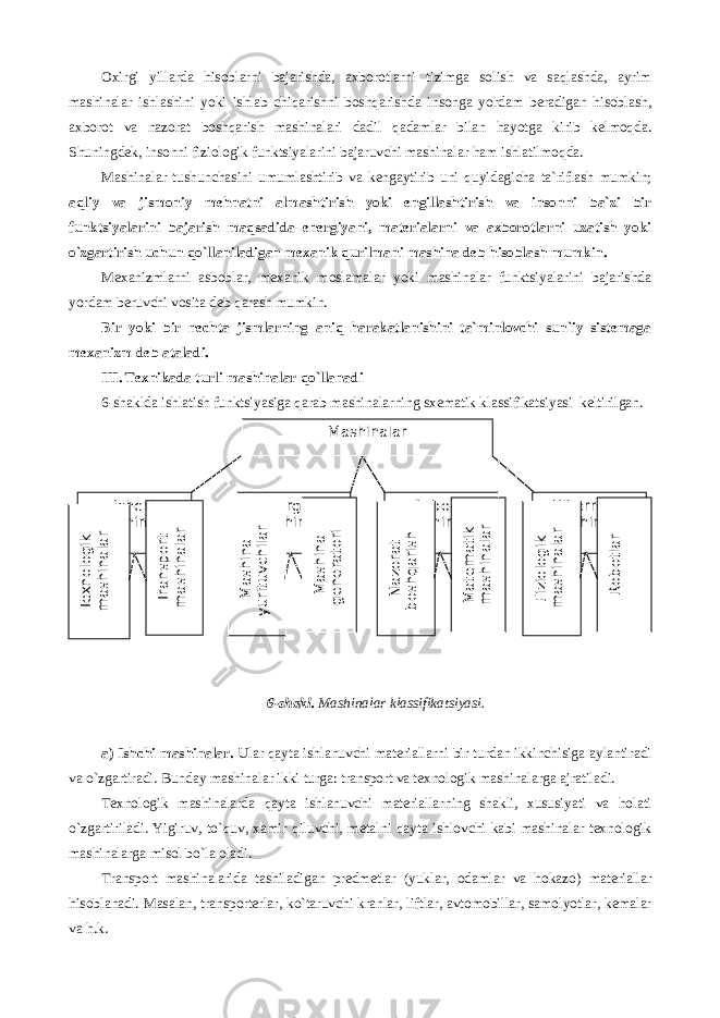 Oxirgi yillarda hisoblarni bajarishda, axborotlarni tizimga solish va saqlashda, ayrim mashinalar ishlashini yoki ishlab chiqarishni boshqarishda insonga yordam beradigan hisoblash, axborot va nazorat boshqarish mashinalari dadil qadamlar bilan hayotga kirib kelmoqda. Shuningdek, insonni fiziologik funktsiyalarini bajaruvchi mashinalar ham ishlatilmoqda. Mashinalar tushunchasini umumlashtirib va kengaytirib uni quyidagicha ta`riflash mumkin; aqliy va jismoniy mehnatni almashtirish yoki engillashtirish va insonni ba`zi bir funktsiyalarini bajarish maqsadida energiyani, materialarni va axborotlarni uzatish yoki o`zgartirish uchun qo`llaniladigan mexanik qurilmani mashina deb hisoblash mumkin. Mexanizmlarni asboblar, mexanik moslamalar yoki mashinalar funktsiyalarini bajarishda yordam beruvchi vosita deb qarash mumkin. Bir yoki bir nechta jismlarning aniq harakatlanishini ta`minlovchi sun`iy sistemaga mexanizm deb ataladi. III. Texnikada turli mashinalar qo`llanadi 6-shaklda ishlatish funktsiyasiga qarab mashinalarning sx e matik klassifikatsiyasi keltirilgan. 6-shakl. Mashinalar klassifikatsiyasi. a) Ishchi mashinalar. Ular qayta ishlanuvchi materiallarni bir turdan ikkinchisiga aylantiradi va o`zgartiradi. Bunday mashinalar ikki turga: transport va texnologik mashinalarga ajratiladi. Texnologik mashinalarda qayta ishlanuvchi materiallarning shakli, xususiyati va holati o`zgartiriladi. Yigiruv, to`quv, xamir qiluvchi, metalni qayta ishlovchi kabi mashinalar texnologik mashinalarga misol bo`la oladi. Transport mashinalarida tashiladigan predmetlar (yuklar, odamlar va hokazo) materiallar hisoblanadi. Masalan, transporterlar, ko`taruvchi kranlar, liftlar, avtomobillar, samolyotlar, kemalar va h.k. Mashinalar Ishchi mashinalar Energetik mashinalar Axborot mashinalar Kibernetik mashinalarTexnologik m ashinalar Transport m ashinalar M ashina yurituvchilar M ashina generatori Nazorat boshqarish M atem atik m ashinalar Fiziologik m ashinalar Robotlar 