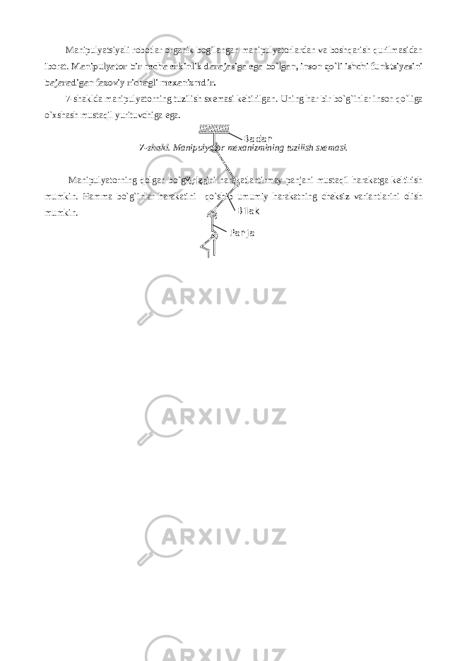 Manipulyatsiyali robotlar organik bog`langan manipulyatorlardan va boshqarish qurilmasidan iborat. Manipulyator bir necha erkinlik darajasiga e ga bo`lgan , inson qo`li ishchi funktsiyasini bajaradigan fazoviy richagli mexanizmdir. 7-shaklda manipulyatorning tuzilish sxemasi keltirilgan. Uning har bir bo`g`inlar inson qo`liga o`xshash mustaqil yurituvchiga ega. 7-shakl . Manipulyator mexanizmining tuzilish sxemasi. Manipulyatorning qolgan bo`g`inlarini harakatlantirmay panjani mustaqil harakatga keltirish mumkin. Hamma bo`g`inlar harakatini qo`shib umumiy harakatning cheksiz variantlarini olish mumkin. Badan Yelka Bilak Panja 
