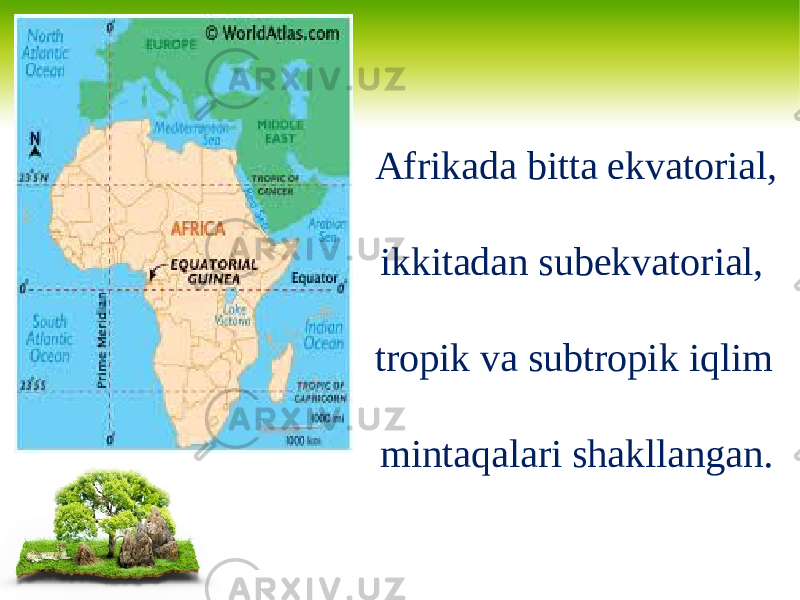 Afrikada bitta ekvatorial, ikkitadan subekvatorial, tropik va subtropik iqlim mintaqalari shakllangan. 