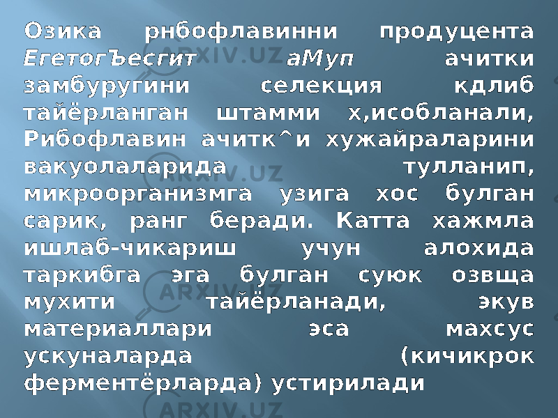 Озика рнбофлавинни продуцента ЕгетогЪесгит аМуп ачитки замбуругини селекция кдлиб тайёрланган штамми х,исобланали, Рибофлавин ачитк^и хужайраларини вакуолаларида тулланип, микроорганизмга узига хос булган сарик, ранг беради. Катта хажмла ишлаб-чикариш учун алохида таркибга эга булган суюк озвща мухити тайёрланади, экув материаллари эса махсус ускуналарда (кичикрок ферментёрларда) устирилади 