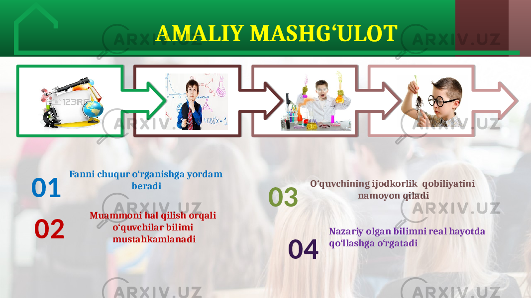 AMALIY MASHG‘ULOT 01 02 03 04Fanni chuqur o‘rganishga yordam beradi O‘quvchining ijodkorlik qobiliyatini namoyon qiladi Muammoni hal qilish orqali o‘quvchilar bilimi mustahkamlanadi Nazariy olgan bilimni real hayotda qo‘llashga o‘rgatadi 