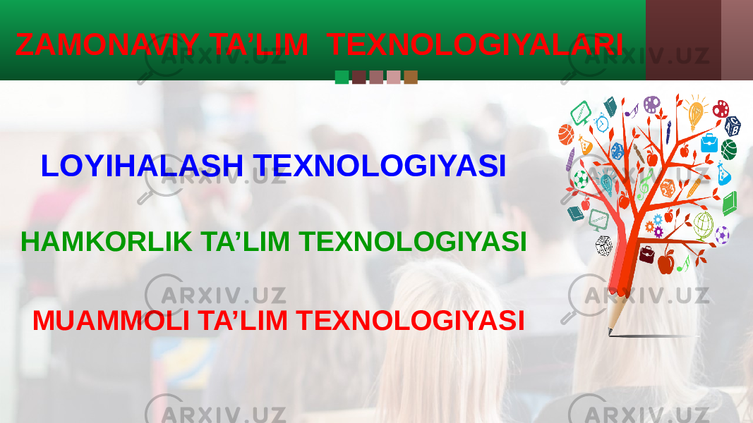 LOYIHALASH TEXNOLOGIYASI HAMKORLIK TA’LIM TEXNOLOGIYASI MUAMMOLI TA’LIM TEXNOLOGIYASIZAMONAVIY TA’LIM TEXNOLOGIYALARI 