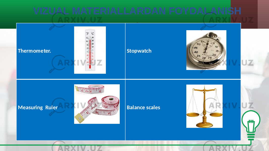 Тhermometer. Stopwatch Measuring Ruler Balance scales VIZUAL MATERIALLARDAN FOYDALANISH . 