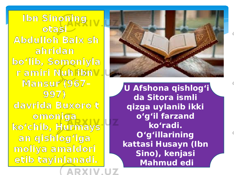 Ibn Sinoning otasi Abdulloh Balx sh ahridan boʻlib, Somoniyla r amiri Nuh ibn Mansur (967– 997) davrida Buxoro t omoniga koʻchib, Hurmays an qishlogʻiga moliya amaldori etib tayinlanadi. U Afshona qishlogʻi da Sitora ismli qizga uylanib ikki oʻgʻil farzand koʻradi. Oʻgʻillarining kattasi Husayn (Ibn Sino), kenjasi Mahmud edi 