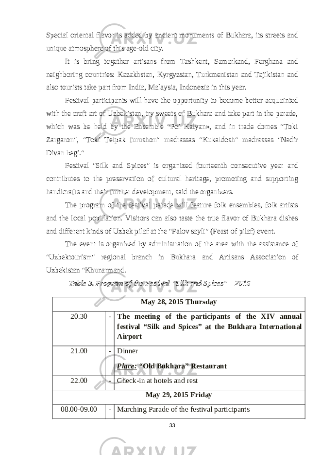 Special oriental flavor is added by ancient monuments of Bukhara, its streets and unique atmosphere of this age-old city. It is bring together artisans from Tashkent, Samarkand, Ferghana and neighboring countries: Kazakhstan, Kyrgyzstan, Turkmenistan and Tajikistan and also tourists take part from India, Malaysia, Indonezia in this year. Festival participants will have the opportunity to become better acquainted with the craft art of Uzbekistan, try sweets of Bukhara and take part in the parade, which was be held by the Ensemble &#34;Poi Kalyan», and in trade domes &#34;Toki Zargaron&#34;, &#34;Toki Telpak furushon&#34; madrassas &#34;Kukaldosh&#34; madrassas &#34;Nadir Divan begi.&#34; Festival &#34;Silk and Spices&#34; is organized fourteenth consecutive year and contributes to the preservation of cultural heritage, promoting and supporting handicrafts and their further development, said the organizers. The program of the festival parade will feature folk ensembles, folk artists and the local population. Visitors can also taste the true flavor of Bukhara dishes and different kinds of Uzbek pilaf at the &#34;Palov sayli&#34; (Feast of pilaf) event. The event is organized by administration of the area with the assistance of &#34;Uzbektourism&#34; regional branch in Bukhara and Artisans Association of Uzbekistan &#34;Khunarmand. Table 3. Program of the Festival &#34;Silk and Spices&#34; – 2015 May 28, 2015 Thursday 20.30 - The meeting of the participants of the XIV annual festival “Silk and Spices” at the Bukhara International Airport 21.00 - Dinner Place: “ Old Bukhara” Restaurant 22.00 - Check-in at hotels and rest May 2 9 , 2015 Friday 08.00-09.00 - Marching Parade of the festival participants 33 