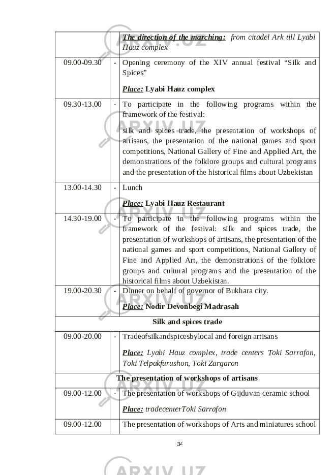 The direction of the marching : from citadel Ark till Lyabi Hauz complex 09.00-09.30 - Opening ceremony of the XIV annual festival “Silk and Spices” Place: Lyabi Hauz complex 09.30-13.00 - To participate in the following programs w ithin the framework of the festival : silk and spices trade, the presentation of workshops of artisans, the presentation of the national games and sport competitions, National Gallery of Fine and Applied Art, the demonstrations of the folklore groups and cultural programs and the presentation of the historical films about Uzbekistan 13.00-14.30 - Lunch Place: Lyabi Hauz Restaurant 14.30-19.00 - To participate in the following programs w ithin the framework of the festival : silk and spices trade, the presentation of workshops of artisans, the presentation of the national games and sport competitions, National Gallery of Fine and Applied Art, the demonstrations of the folklore groups and cultural programs and the presentation of the historical films about Uzbekistan . 19.00-20.30 - Dinner on behalf of governor of Bukhara city . Place: Nodir Devonbegi Madrasah S ilk and spices trade 09.00-20.00 - Tradeofsilkandspicesbylocal and foreign artisans Place: Lyabi Hauz complex , trade centers Toki Sarrafon, Toki Telpakfurushon, Toki Zargaron T he presentation of workshops of artisans 09.00-12.00 - T he presentation of workshops of Gijduvan ceramic school Place: tradecenterToki Sarrafon 09.00-12.00 T he presentation of workshops of Arts and miniatures school 34 