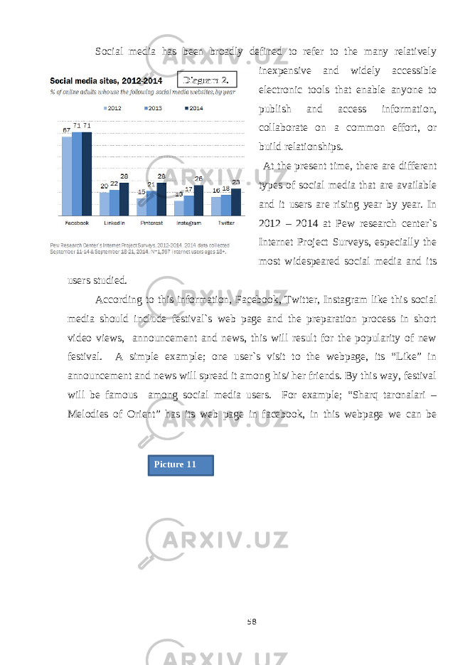 Social media has been broadly defined to refer to the many relatively inexpensive and widely accessible electronic tools that enable anyone to publish and access information, collaborate on a common effort, or build relationships. At the present time, there are different types of social media that are available and it users are rising year by year. In 2012 – 2014 at Pew research center`s Internet Project Surveys, especially the most widespeared social media and its users studied. According to this information, Facebook, Twitter, Instagram like this social media should include festival`s web page and the preparation process in short video views, announcement and news, this will result for the popularity of new festival. A simple example; one user`s visit to the webpage, its “Like” in announcement and news will spread it among his/ her friends. By this way, festival will be famous among social media users. For example; “Sharq taronalari – Melodies of Orient” has its web page in facebook, in this webpage we can be 58Diagram 2. Picture 11 Picture 16. 