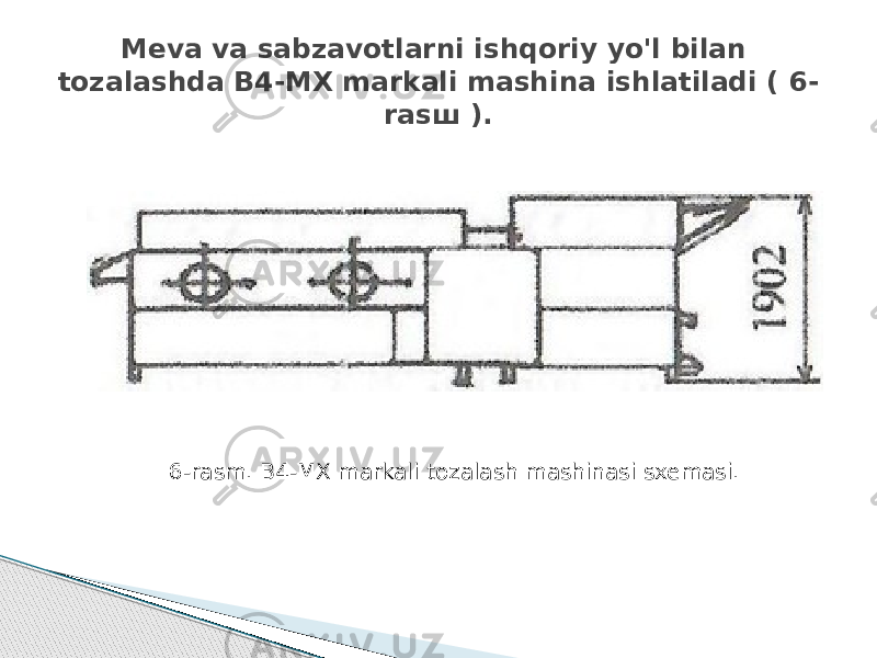 Meva va sabzavotlarni ishqoriy yo&#39;l bilan tozalashda В4-МХ markali mashina ishlatiladi ( 6- rasш ). 6-rasm. В4-МХ markali tozalash mashinasi sxemasi. 