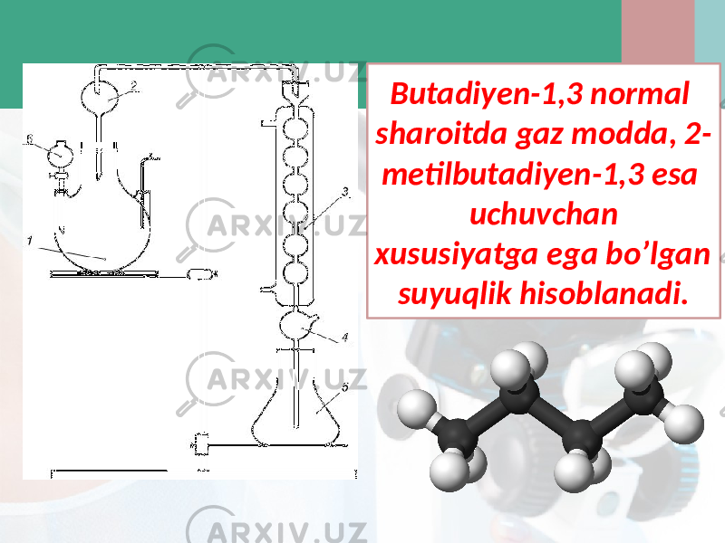 Butadiyen-1,3 normal sharoitda gaz modda, 2- metilbutadiyen-1,3 esa uchuvchan xususiyatga ega bo’lgan suyuqlik hisoblanadi. 