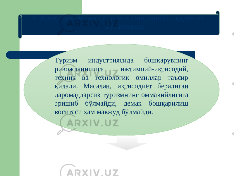 4. Жаҳон туризм саноати ривожланишини бошқариш ва йўналтириш Туризм индустриясида бошқарувнинг ривожланишига ижтимоий-иқтисодий, техник ва технологик омиллар таъсир қилади. Масалан, иқтисодиёт берадиган даромадларсиз туризмнинг оммавийлигига эришиб бўлмайди, демак бошқарилиш воситаси ҳам мавжуд бўлмайди. 