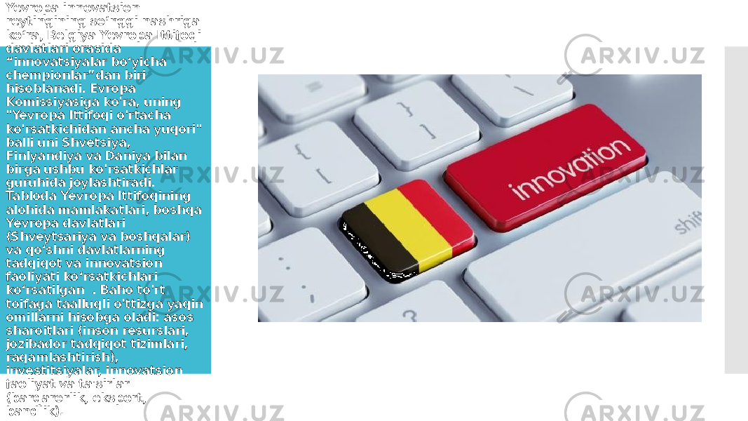 Yevropa innovatsion reytingining so‘nggi nashriga ko‘ra, Belgiya Yevropa Ittifoqi davlatlari orasida “innovatsiyalar bo‘yicha chempionlar”dan biri hisoblanadi. Evropa Komissiyasiga ko&#39;ra, uning &#34;Yevropa Ittifoqi o&#39;rtacha ko&#39;rsatkichidan ancha yuqori&#34; balli uni Shvetsiya, Finlyandiya va Daniya bilan birga ushbu ko&#39;rsatkichlar guruhida joylashtiradi. Tabloda Yevropa Ittifoqining alohida mamlakatlari, boshqa Yevropa davlatlari (Shveytsariya va boshqalar) va qo‘shni davlatlarning tadqiqot va innovatsion faoliyati ko‘rsatkichlari ko‘rsatilgan  . Baho to&#39;rt toifaga taalluqli o&#39;ttizga yaqin omillarni hisobga oladi: asos sharoitlari (inson resurslari, jozibador tadqiqot tizimlari, raqamlashtirish), investitsiyalar, innovatsion faoliyat va ta&#39;sirlar (barqarorlik, eksport, bandlik). 