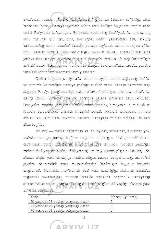 byudjetdan tashqari Pensiya jamg’armasining tuman (shahar) bo’limiga ariza berishdan iborat. Pensiya tayinlash uchun zarur bo’lgan hujjatlarni taqdim etish tartibi Ro’yxatda ko’rsatilgan. Ro’yxatda xodimning familiyasi, ismi, otasining ismi; tug’ilgan yili, oyi, kuni, shuningdek xodim yashaydigan joy; tarkibiy bo’linmaning nomi; lavozimi (kasbi); pensiya tayinlash uchun murojaat qilish uchun asoslar; hujjatlar bilan tasdiqlangan umumiy ish staji; imtiyozli shartlarda yoshga doir pensiya tayinlash huquqini beruvchi maxsus ish staji ko’rsatilgan bo’lishi kerak. Tashkilot ma’muriyati to’plangan barcha hujjatlar asosida pensiya tayinlash uchun taqdimnomani rasmiylashtiradi. Qarilik bo’yicha pensiya olish uchun muayyan mehnat stajiga ega bo’lish va qonunda ko’rsatilgan pensiya yoshiga erishish zarur. Pensiya ta’minoti staji deganda Pensiya jamg’armasiga badal to’lovlari to’langan davr tushuniladi. Ish stajiga qonun bo’yicha ishsizlik bo’yicha nafaqa to’lovlari davri kiritiladi. Pensiyalar miqdori jamiyatda aholi daromadlarining himoyasini ta’minlash va ijtimoiy barqarorlikka erishish imkonini beradi. Ikkinchi tomondan, ijtimoiy adolatlilikni ta’minlash imkonini beruvchi pensiyaga chiqish oldidagi ish haqi bilan bog’liq. Ish staji — mehnat daftarchasi va ish joyidan, xizmatdan, o’qishdan yoki arxivdan berilgan boshqa hujjatlar bo’yicha aniqlangan, ishdagi tanaffuslardan qat’i nazar, qonun hujjatlariga muvofiq pensiya ta’minoti huquqini beradigan mehnat faoliyati va boshqa faoliyatning umumiy davomiyligidir. Ish staji ish, xizmat, o’qish yoki ish stajiga hisoblanadigan boshqa faoliyat amalga oshirilishi joyidan, shuningdek arxiv muassasalaridan beriladigan hujjatlar bo’yicha belgilanadi. Mehnatda mayiblanish yoki kasb kasalligiga chalinish oqibatida nogironlik pensiyasidan umumiy kasallik oqibatida nogironlik pensiyasiga o’tkazishda zarur staj nogironlikning dastlabki belgilanishi vaqtiga nisbatan yosh bo’yicha belgilanadi. Yosh Ish staji (yillarda) 20 yoshdan 23 yoshga yetgunga qadar 2 23 yoshdan 26 yoshga yetgunga qadar 3 26 yoshdan 31 yoshga yetgunga qadar 5 16 