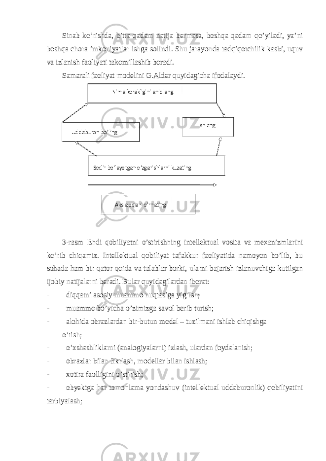 Sinab ko’rishda, bitta qadam natija bermasa, boshqa qadam qo’yiladi, ya’ni boshqa chora imkoniyatlar ishga solindi. Shu jarayonda tadqiqotchilik kasbi, uquv va izlanish faoliyati takomillashib boradi. Samarali faoliyat modelini G.Alder quyidagicha ifodalaydi. 3-rasm Endi qobiliyatni o’stirishning intellektual vosita va mexanizmlarini ko’rib chiqamiz. Intellektual qobiliyat tafakkur faoliyatida namoyon bo’lib, bu sohada ham bir qator qoida va talablar borki, ularni bajarish izlanuvchiga kutilgan ijobiy natijalarni beradi. Bular quyidagilardan iborat: - diqqatni asosiy muammo nuqtasiga yig’ish; - muammo bo’yicha o’zimizga savol berib turish; - alohida obrazlardan bir-butun model – tuzilmani ishlab chiqishga o’tish; - o’xshashliklarni (analogiyalarni) izlash, ulardan foydalanish; - obrazlar bilan fikrlash, modellar bilan ishlash; - xotira faolligini o’stirish; - obyektga har tomonlama yondashuv (intellektual uddaburonlik) qobiliyatini tarbiyalash; Nima kerakligini aniqlang Uddaburon bo’ling Ishlang Sodir bo’layotgan o’zgarishlarni kuzating Aks aloqani o’rnating 