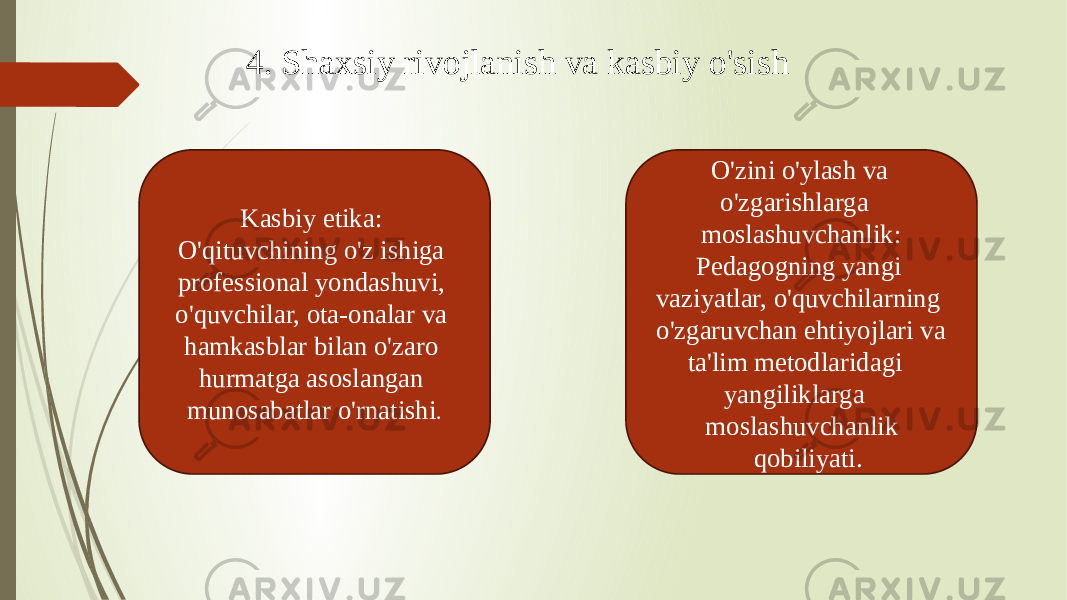 4. Shaxsiy rivojlanish va kasbiy o&#39;sish Kasbiy etika: O&#39;qituvchining o&#39;z ishiga professional yondashuvi, o&#39;quvchilar, ota-onalar va hamkasblar bilan o&#39;zaro hurmatga asoslangan munosabatlar o&#39;rnatishi . O&#39;zini o&#39;ylash va o&#39;zgarishlarga moslashuvchanlik: Pedagogning yangi vaziyatlar, o&#39;quvchilarning o&#39;zgaruvchan ehtiyojlari va ta&#39;lim metodlaridagi yangiliklarga moslashuvchanlik qobiliyati. 