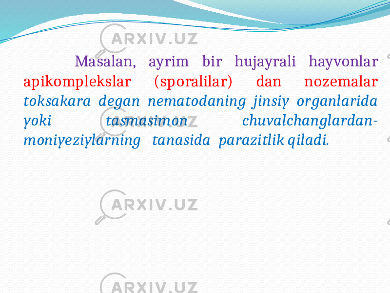  Masalan, ayrim bir hujayrali hayvonlar apikomplekslar (sporalilar) dan nozemalar toksakara degan nematodaning jinsiy organlarida yoki tasmasimon chuvalchanglardan- moniyeziylarning tanasida parazitlik qiladi. 