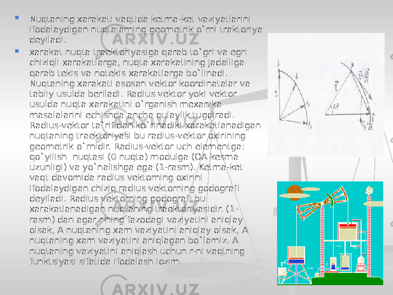  Nuqtaning xarakati vaqtida ketma-ket vaziyatlarini ifodalaydigan nuqtalarning geometrik o`rni traktoriya deyiladi.  xarakat nuqta traektoriyasiga qarab to`gri va egri chiziqli xarakatlarga, nuqta xarakatining jadalliga qarab tekis va notekis xarakatlarga bo`linadi. Nuqtaning xarakati asosan vektor koordinatalar va tabiiy usulda beriladi. Radius vektor yoki vektor usulda nuqta xarakatini o`rganish mexanika masalalarini echishda ancha qulaylik tugdiradi. Radius-vektor ta`rifidan ko`rinadiki xarakatlanadigan nuqtaning traektoriyasi bu radius-vektor oxirining geometrik o`rnidir. Radius-vektor uch elementga: qo`yilish nuqtasi (0 nuqta) modulga (OA kesma uzunligi) va yo`nalishga ega (1-rasm). Ketma-ket vaqt davomida radius vektorning oxirini ifodalaydigan chiziq radius vektorning godografi deyiladi. Radius vektorning godografi bu xarakatlanadigan nuqtaning traektoriyasidir. (1- rasm) dan agar r-ning fazodagi vaziyatini aniqlay olsak, A nuqtaning xam vaziyatini aniqlay olsak, A nuqtaning xam vaziyatini aniqlagan bo`lamiz. A nuqtaning vaziyatini aniqlash uchun r-ni vaqtning funktsiyasi sifatida ifodalash lozim. 