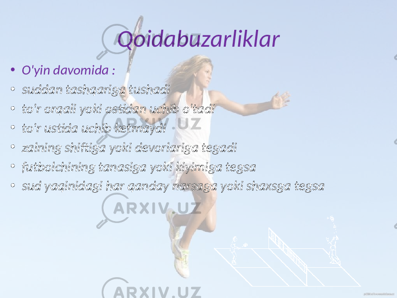 Qoidabuzarliklar • O&#39;yin davomida : • suddan tashqariga tushadi • to&#39;r orqali yoki ostidan uchib o&#39;tadi • to&#39;r ustida uchib ketmaydi • zalning shiftiga yoki devorlariga tegadi • futbolchining tanasiga yoki kiyimiga tegsa • sud yaqinidagi har qanday narsaga yoki shaxsga tegsa 