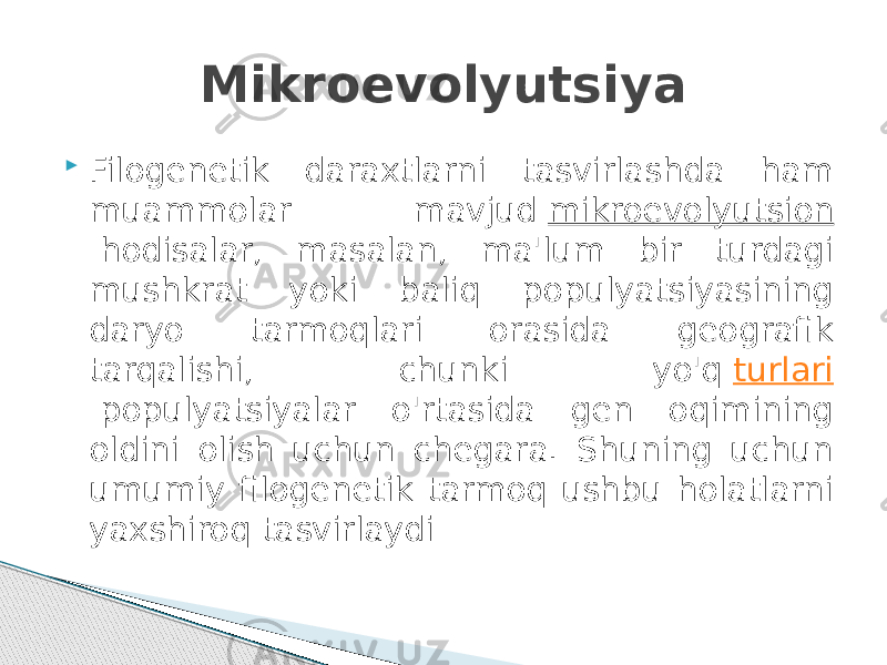  Filogenetik daraxtlarni tasvirlashda ham muammolar mavjud  mikroevolyutsion  hodisalar, masalan, ma&#39;lum bir turdagi mushkrat yoki baliq populyatsiyasining daryo tarmoqlari orasida geografik tarqalishi, chunki yo&#39;q  turlari  populyatsiyalar o&#39;rtasida gen oqimining oldini olish uchun chegara. Shuning uchun umumiy filogenetik tarmoq ushbu holatlarni yaxshiroq tasvirlaydi Mikroevolyutsiya 