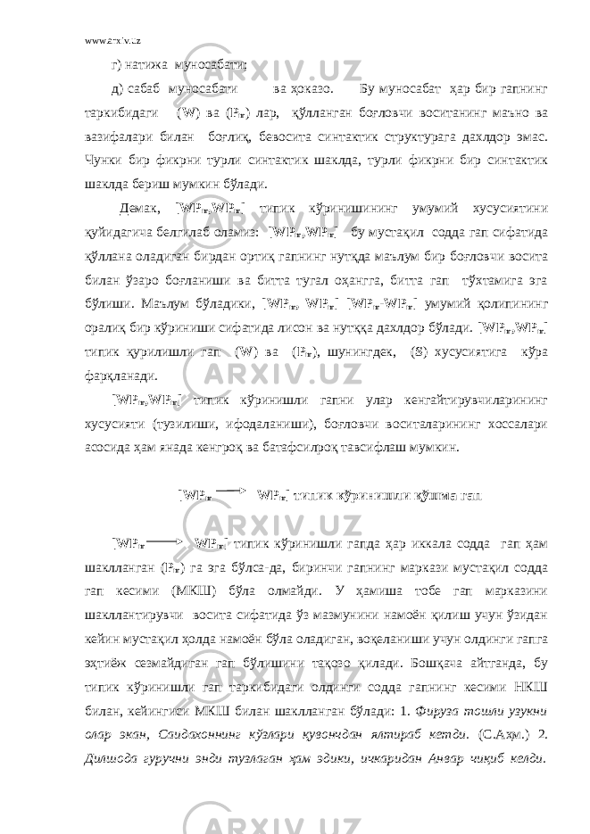 www.arxiv.uz г) натижа муносабати; д) сабаб муносабати ва ҳоказо. Бу муносабат ҳар бир гапнинг таркибидаги ( W ) ва ( P m ) лар, қўлланган боғловчи воситанинг маъно ва вазифалари билан боғлиқ, бевосита синтактик структурага дахлдор эмас. Чунки бир фикрни турли синтактик шаклда, турли фикрни бир синтактик шаклда бериш мумкин бўлади. Демак, [ WP m , WP m ] типик кўринишининг умумий хусусиятини қуйидагича белгилаб оламиз: [ WP m , WP m ] бу мустақил содда гап сифатида қўллана оладиган бирдан ортиқ гапнинг нутқда маълум бир боғловчи восита билан ўзаро боғланиши ва битта тугал оҳангга, битта гап тўхтамига эга бўлиши. Маълум бўладики, [ WP m , WP m ] [ WP m - WP m ] умумий қолипининг оралиқ бир кўриниши сифатида лисон ва нутққа дахлдор бўлади. [ WP m , WP m ] типик қурилишли гап ( W ) ва ( P m ), шунингдек, ( S ) хусусиятига кўра фарқланади. [ WP m , WP m ] типик кўринишли гапни улар кенгайтирувчиларининг хусусияти (тузилиши, ифодаланиши), боғловчи воситаларининг хоссалари асосида ҳам янада кенгроқ ва батафсилроқ тавсифлаш мумкин. [ WP m WP m ] типик кўринишли қўшма гап [ WP m WP m ] типик кўринишли гапда ҳар иккала содда гап ҳам шаклланган ( P m ) га эга бўлса-да, биринчи гапнинг маркази мустақил содда гап кесими (МКШ) бўла олмайди. У ҳамиша тобе гап марказини шакллантирувчи восита сифатида ўз мазмунини намоён қилиш учун ўзидан кейин мустақил ҳолда намоён бўла оладиган, воқеланиши учун олдинги гапга эҳтиёж сезмайдиган гап бўлишини тақозо қилади. Бошқача айтганда, бу типик кўринишли гап таркибидаги олдинги содда гапнинг кесими НКШ билан, кейингиси МКШ билан шаклланган бўлади: 1. Фируза тошли узукни олар экан, Саидахоннинг кўзлари қувончдан ялтираб кетди. (С.Аҳм.) 2. Дилшода гуручни энди тузлаган ҳам эдики, ичкаридан Анвар чиқиб келди. 