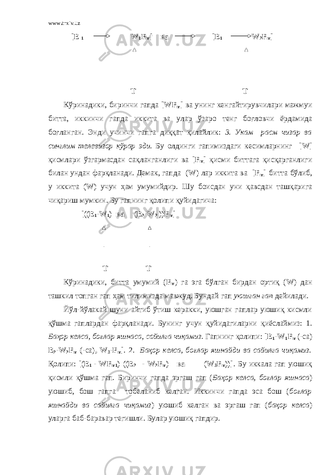 www.arxiv.uz [ Е 1 W 1 P m ] ва [E 1 W 2 P m ] T T Кўринадики, биринчи гапда [WP m ] ва унинг кенгайтирувчилари мажмуи битта, иккинчи гапда иккита ва улар ўзаро тенг боғловчи ёрдамида боғланган. Энди учинчи гапга диққат қилайлик: 3. Укам расм чизар ва синглим телевизор кўрар эди. Бу олдинги гапимиздаги кесимларнинг [ W ] қисмлари ўзгармасдан сақланганлиги ва [ P m ] қисми биттага қисқарганлиги билан ундан фарқланади. Демак, гапда ( W ) лар иккита ва [ P m ] битта бўлиб, у иккита ( W ) учун ҳам умумийдир. Шу боисдан уни қавсдан ташқарига чиқариш мумкин. Бу гапнинг қолипи қуйидагича: [((Е 1 - W 1 ) ва (Е 2 - W 2 )) P m ] Т Т Кўринадики, битта умумий ( P m ) га эга бўлган бирдан ортиқ ( W ) дан ташкил топган гап ҳам тилимизда мавжуд. Бундай гап уюшган гап дейилади. Йўл-йўлакай шуни айтиб ўтиш керакки, уюшган гаплар уюшиқ кисмли қўшма гаплардан фарқланади. Бунинг учун қуйидагиларни қиёслаймиз: 1. Баҳор келса, боғлар яшнаса, сайилга чиқамиз. Гапнинг қолипи: [Е 1 - W 1 P m (-са) E 2 - W 2 P m (-са) , W 3 - P m ] . 2. Баҳор келса, боғлар яшнайди ва сайилга чиқамиз. Қолипи: [(Е 1 - WP m 1 ) (( E 2 - W 2 P m ) ва ( W 3 P m ))] . Бу иккала гап уюшиқ қисмли қўшма гап. Биринчи гапда эргаш гап ( Баҳор келса, боғлар яшнаса ) уюшиб, бош гапга тобеланиб келган. Иккинчи гапда эса бош ( боғлар яшнайди ва сайилга чиқамиз ) уюшиб келган ва эргаш гап ( баҳор келса ) уларга баб-баравар тегишли. Булар уюшиқ гапдир. 