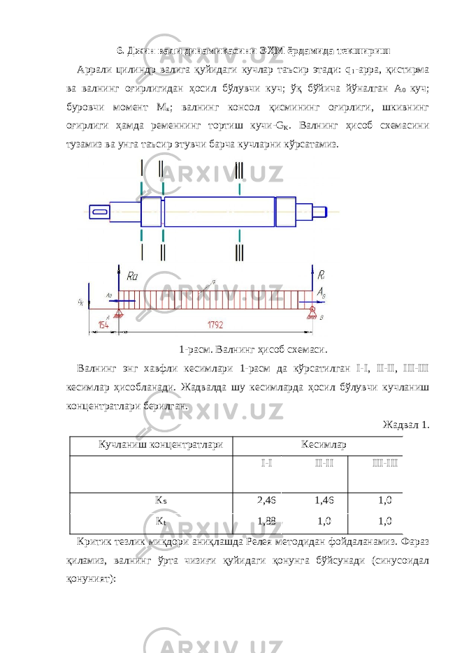 6. Джин вали динамикасини ЭҲМ ёрдамида текшириш Аррали цилиндр валига қуйидаги кучлар таъсир этади: q 1 -арра, қистирма ва валнинг оғирлигидан ҳосил бўлувчи куч; ўқ бўйича йўналган А 0 куч; буровчи момент М к ; валнинг консол қисмининг оғирлиги, шкивнинг оғирлиги ҳамда ременнинг тортиш кучи-G K . Валнинг ҳисоб схемасини тузамиз ва унга таъсир этувчи барча кучларни кўрсатамиз. 1-расм. Валнинг ҳисоб схемаси. Валнинг энг хавфли кесимлари 1-расм да кўрсатилган I-I, II-II, III-III кесимлар ҳисобланади. Жадвалда шу кесимларда ҳосил бўлувчи кучланиш концентратлари берилган. Жадвал 1. Кучланиш концентратлари Кесимлар I-I II-II III-III К s 2,46 1,46 1,0 К t 1,88 1,0 1,0 Критик тезлик миқдори аниқлашда Релея методидан фойдаланамиз. Фараз қиламиз, валнинг ўрта чизиғи қуйидаги қонунга бўйсунади (синусоидал қонуният): 
