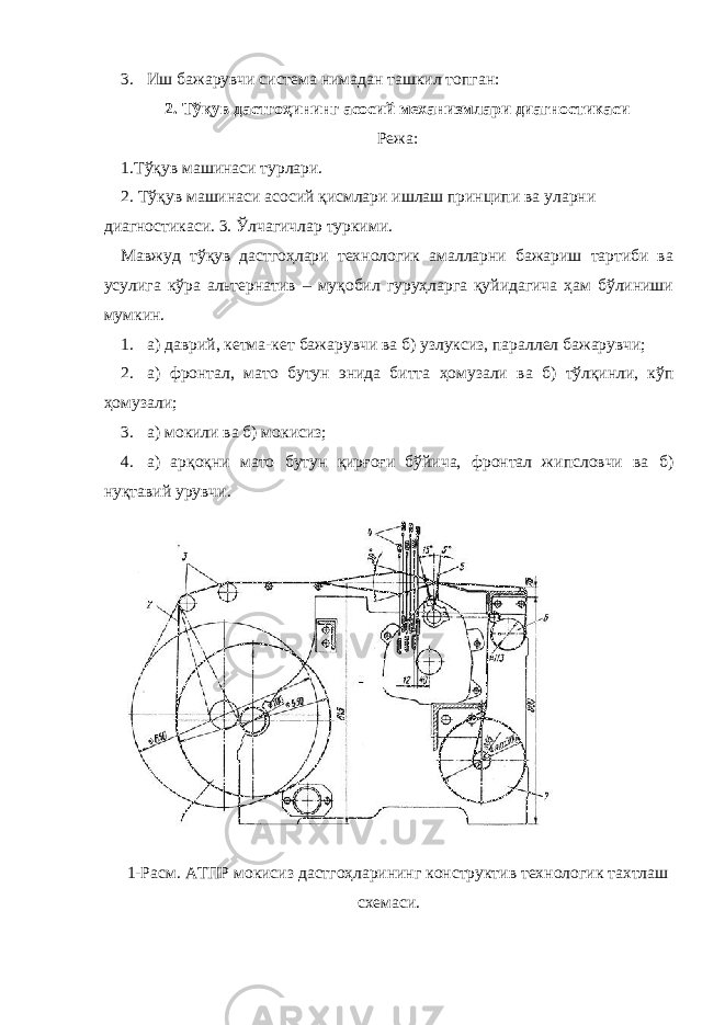 3. Иш бажарувчи система нимадан ташкил топган: 2. Тўқув дастгоҳининг асосий механизмлари диагностикаси Режа: 1.Тўқув машинаси турлари. 2. Тўқув машинаси асосий қисмлари ишлаш принципи ва уларни диагностикаси. 3. Ўлчагичлар туркими. Мавжуд тўқув дастгоҳлари технологик амалларни бажариш тартиби ва усулига кўра альтернатив – муқобил гуруҳларга қуйидагича ҳам бўлиниши мумкин. 1. а) даврий, кетма-кет бажарувчи ва б) узлуксиз, параллел бажарувчи; 2. а) фронтал, мато бутун энида битта ҳомузали ва б) тўлқинли, кўп ҳомузали; 3. а) мокили ва б) мокисиз; 4. а) арқоқни мато бутун қирғоғи бўйича, фронтал жипсловчи ва б) нуқтавий урувчи. 1-Расм. АТПР мокисиз дастгоҳларининг конструктив технологик тахтлаш схемаси. 