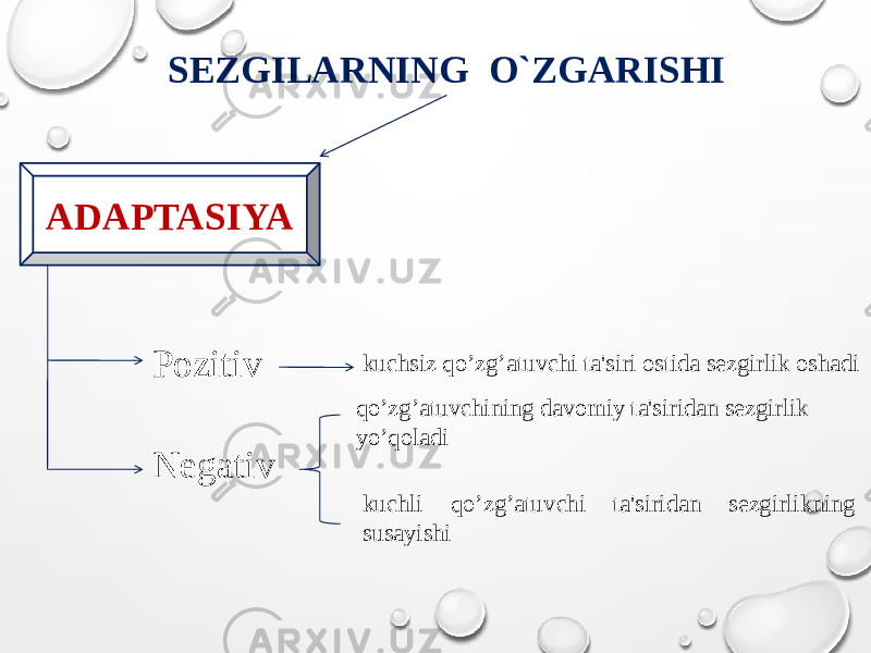 SEZGILARNING O`ZGARISHI ADAPTASIYA Pozitiv Negativ kuchsiz qo’zg’atuvchi ta&#39;siri ostida sezgirlik oshadi qo’zg’atuvchining davomiy ta&#39;siridan sezgirlik yo’qoladi kuchli qo’zg’atuvchi ta&#39;siridan sezgirlikning susayishi 