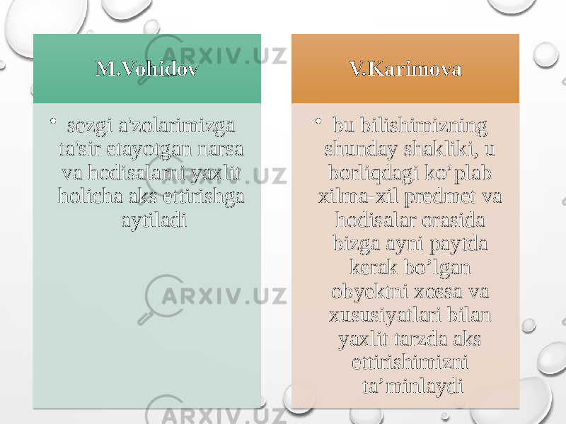 M.Vohidov • sezgi a&#39;zolarimizga ta&#39;sir etayotgan narsa va hodisalarni yaxlit holicha aks ettirishga aytiladi V.Karimova • bu bilishimizning shunday shakliki, u borliqdagi ko’plab xilma-xil predmet va hodisalar orasida bizga ayni paytda kerak bo’lgan obyektni xossa va xususiyatlari bilan yaxlit tarzda aks ettirishimizni ta’minlaydi261C07 03 0D11 02 0E 0F 01 07 03 1315 0D0F 1304 1706 0F04 1306 181103 0413 1715 160117 1102 02 