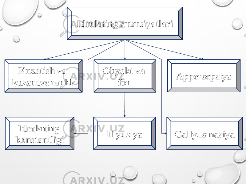 Idrokning xususiyatlari Kuzatish va kuzatuvchanlik Obyekt va fon Appersepsiya Idrokning konstantligi Illyuziya Gallyusinasiya 