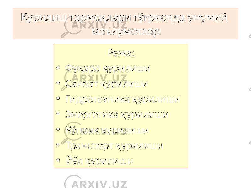 Қурилиш тармоқлари тўғрисида умумий маълумотлар Режа: • Фуқаро қурилиши • Саноат қурилиши • Гидротехника қурилиши • Энергетика қурилиши • Кўприк қурилиши • Транспорт қурилиши • Йўл қурилиши 